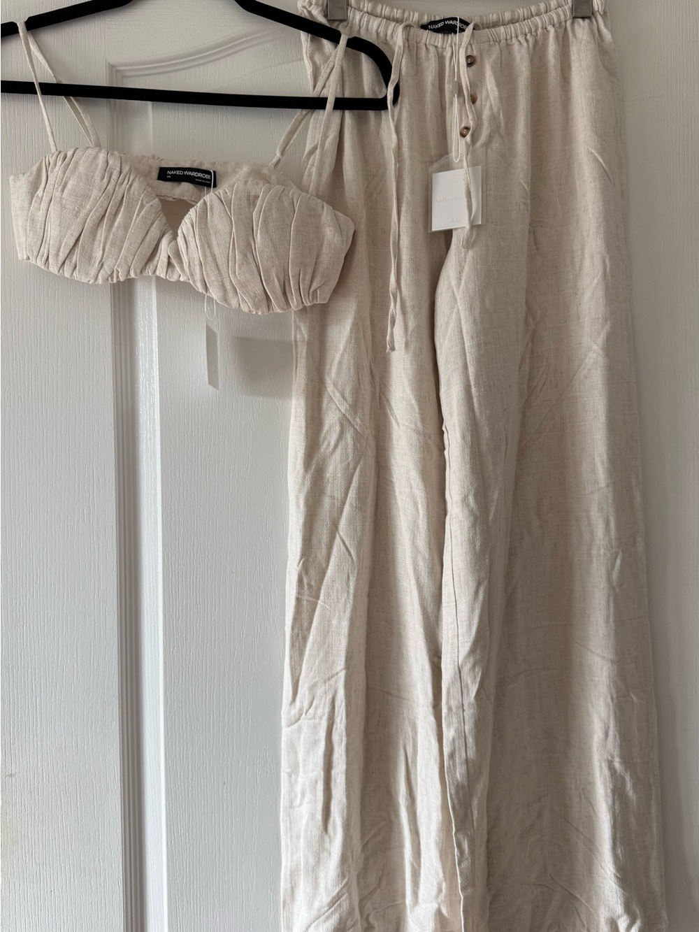 Naked Wardrobe Cream linen pants set with bra top.